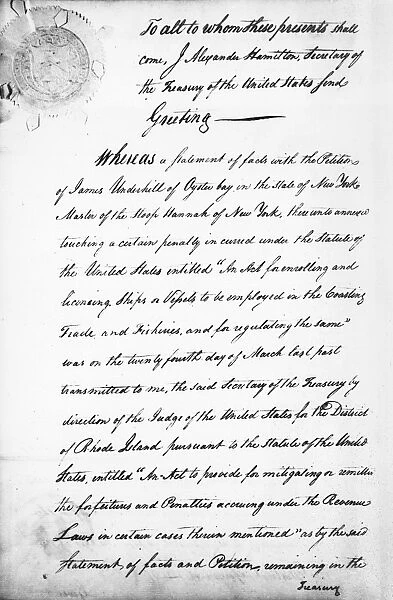 HAMILTON: ORDER, 1790s. Handwritten order issued by Alexander Hamilton while Secretary
