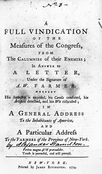 HAMILTON: PAMPHLET, 1774. Title page to Alexander Hamiltons A Full Vindication