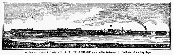 HAMPTON, VIRGINIA: FORTS. A view of Fort Monroe, on Old Point Comfort (foreground), and Fort Calhoun, at Hampton, Virginia. Wood engraving, American, 1856
