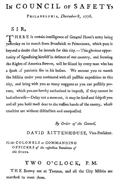 Handbill of the Committee of Safety announcing British General William Howes approach to Philadelphia, Pennsylvania, during the American Revolutionary War, 1776