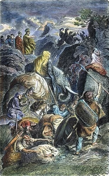 HANNIBAL. Hannibal and his army crossing the Alps in 218 B. C. Engraving, 19th century