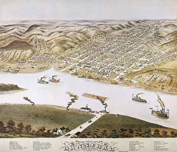 HANNIBAL, MISSOURI, 1869. The birthplace of Mark Twain, showing steamboats