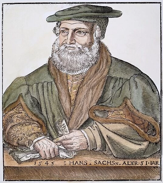 HANS SACHS (1494-1576). German poet and Meistersinger. Woodcut, 1545, by Hans Brosamer