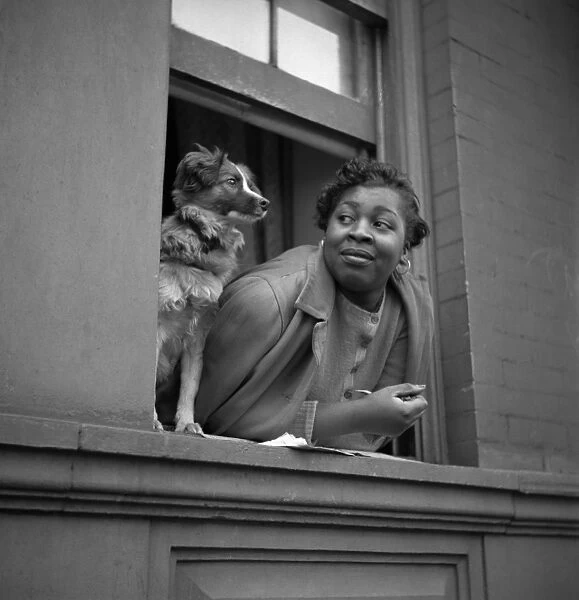 HARLEM: WOMAN, 1943. A woman and her dog in the window of their apartment in Harlem