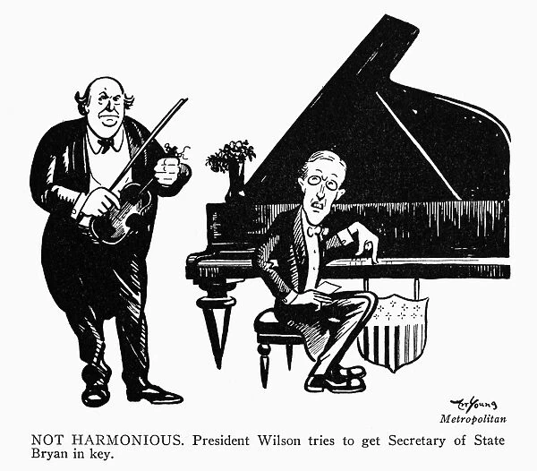 Not Harmonious. President Wilson tries to get Secretary of State Bryan in key. Early 20th century cartoon by Art Young