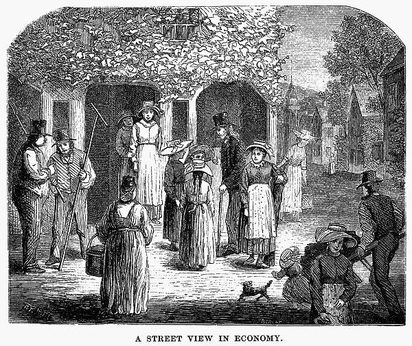 HARMONY SOCIETY, 1875. A street scene in the communal settlement of the Harmony Society in Economy, Pennsylvania. Wood engraving, 1875