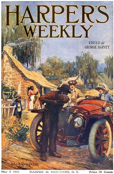 HARPERs WEEKLY, 1913. A pair of stylish motorists are rescued by a sharecropper in the rural South. American magazine cover by John Coughlin, 3 May 1913