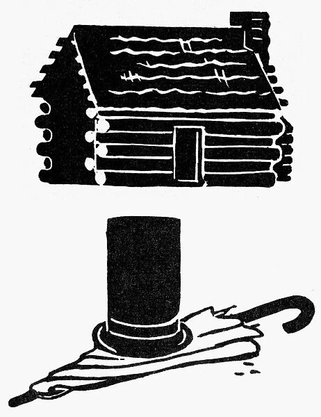 Top hat and umbrella, and a log cabin, symbols for Abraham Lincolns birthday