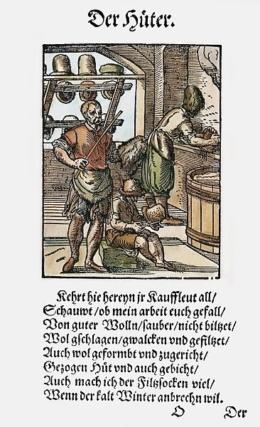 HATTERS, 1568. Hatters making hats of wool felt. Woodcut, 1568, by Jost Amman