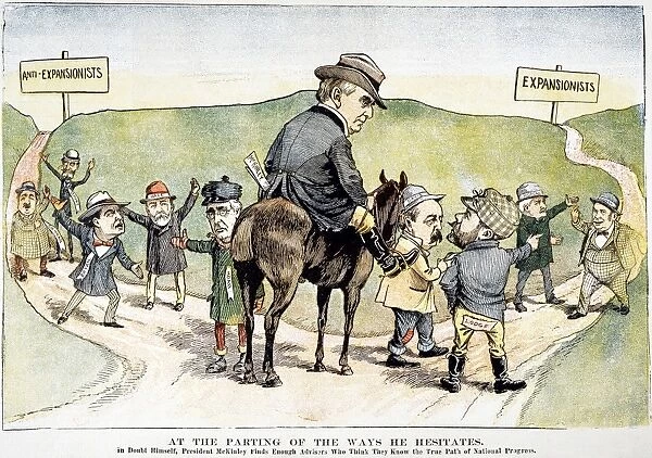Having gained Puerto Rico and the Philippines at the Treaty of Paris in December 1898, President McKinley now has to decide whether to follow the path to expansionism. American cartoon, January 1899