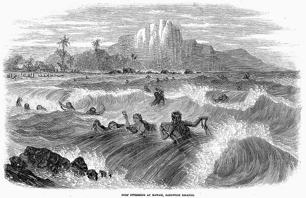 HAWAII: SWIMMING, 1866. Surf swimming at Hawaii. Wood engraving, 1866