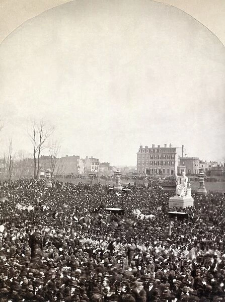 HAYES INAUGURATION, 1877. Crowds attending the inauguration of Rutherford B. Hayes as 19th President of the United States, 4 March 1877, on the east front grounds of the Capitol in Washington, D. C. with Horatio Greenoughs statue of George Washington seen at right