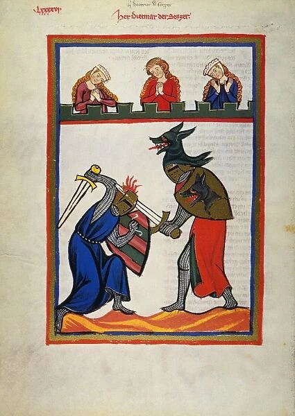 HEIDELBERG LIEDER, 14th C. The minnesinger Dietmar der Sezzer in a tournament in an illumination from the early 14th century great Heidelberg Lieder ms