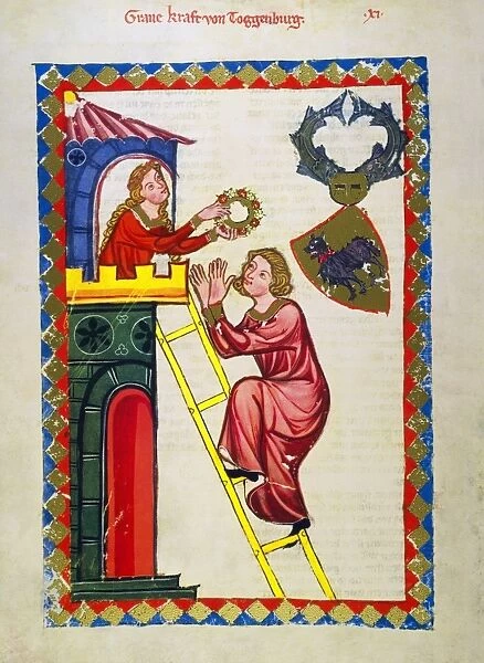 HEIDELBERG LIEDER, C. 14th. The minnesinger Graf Kraft von Toggenburg in an illumination from the early 14th century great Heidelberg Lieder manuscript