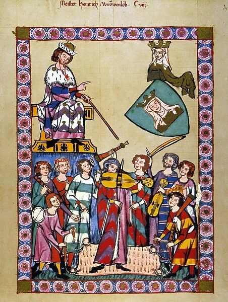 HEIDELBERG LIEDER. The minnesinger Heinrich von Meissen, called Frauenlob (Praiser of Ladies), playing the fiddle with bagpipes and psaltery to the right and a shawmist behind him. Illumination from the early 14th century great Heidelberg Lieder ms