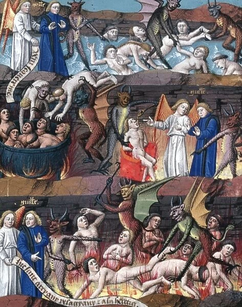 HELL: PUNISHMENT. Demons punish sinners in hell. Manuscript illumination, French
