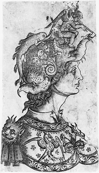 HELMET, 15TH CENTURY. Head and bust of a man wearing a fantastic helmet. Wood engraving by an unknown Florentine artist, 15th century
