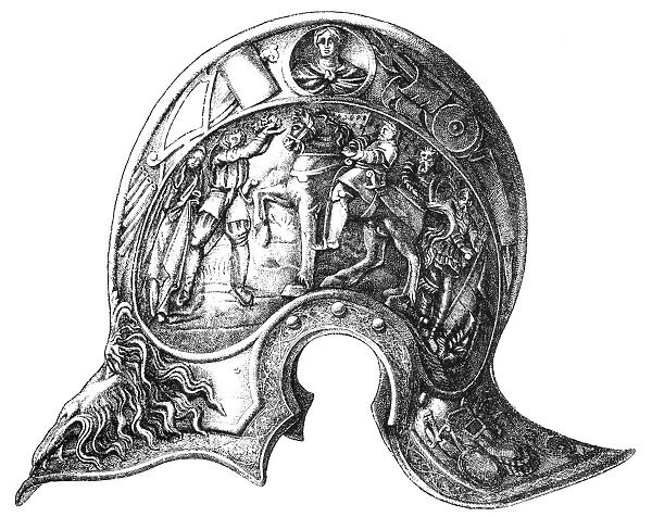 HELMET, 16th CENTURY. French Renaissance helmet, 16th century. Engraving, 19th century