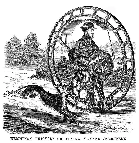 HEMMINGS UNICYCLE, 1869. An invention also known as Flying Yankee Velocipede. Wood engraving, American, 1869