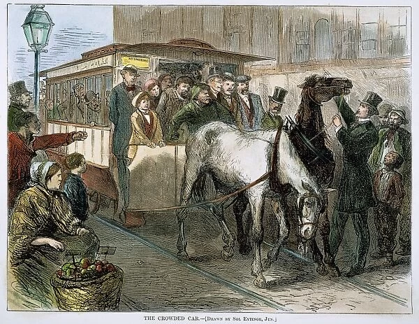 HENRY BERGH (1811-1888) stopping an overcrowded streetcar in New York to inspect the horses: wood engraving, 1872