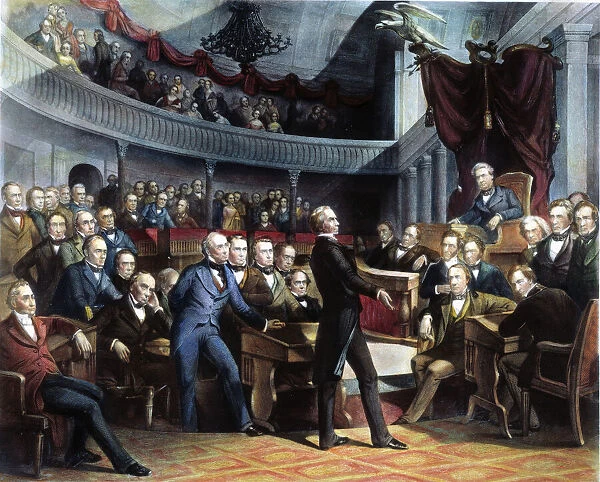 HENRY CLAY, 1850. Henry Clay offering his California Compromise to the Senate on 5 February 1850. Contemporary engraving after the painting by Peter Frederick Rothermel