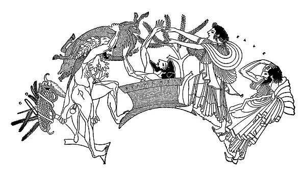 HERACLES & EURYSTHEUS. Heracles bringing the Erymanthian boar to King Eurystheus: wood engraving