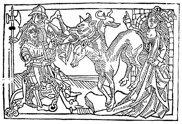 HERCULES AND CERBERUS. Woodcut from Villenas Doze Trabajos de Hercules, 1483