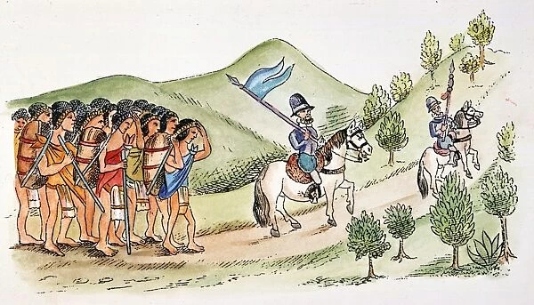 HERNANDO CORTES, 1519. Cortes (center), his conquistador Bernal Diaz, and a band
