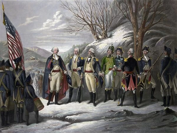 The Heroes of the Revolution. Left to right: General George Washington and officers Johann De Kalb, Baron von Steuben, Kazimierz Pulaski, Tadeusz Kosciuszko, Marquis de Lafayette, and John Muhlenberg, with Continental Army troops during the American Revolutionary War. Steel engraving, mid to late 19th century, by Frederick Girsch