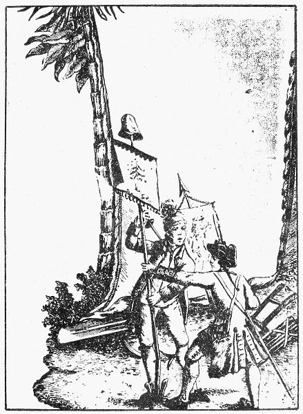 A Hessian mercenary seizing a revolutionary banner from an American rebel. Contemporary line engraving