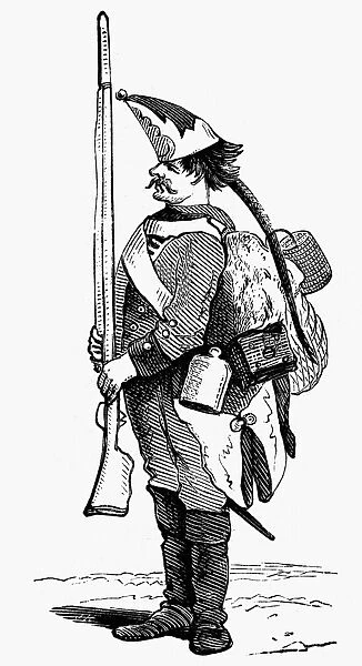 A Hessian soldier of the American Revolution. Wood engraving, 19th century