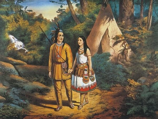 HIAWATHAs WEDDING. The wedding of Hiawatha and Minnehaha. Colored lithograph by Currier & Ives, 1858