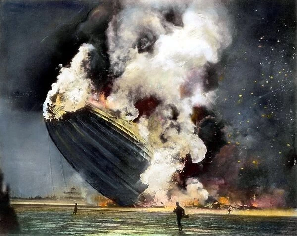 THE HINDENBURG, 1937. The burning of the German zeppelin Hindenburg at its mooring at Lakehurst, New Jersey on 6 May 1937, with the loss of 36 lives. Oil over a photograph