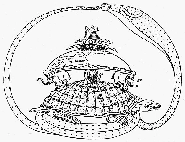 HINDU UNIVERSE. Hindu cosmogram depicting the tortoise, Akupara, supporting the