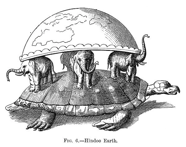 HINDU UNIVERSE. The Hindu cosmogram depicting the tortoise, Akupara, supporting the elephants that in turn support the earth