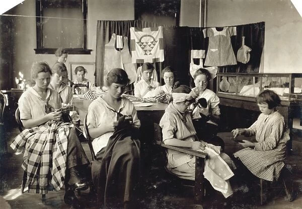 HINE: CLASSROOM, 1917. Sewing class at the Training School for Deaf Mutes in Sulphur, Oklahoma