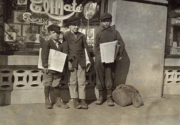 HINE: NEWSBOY, 1917. Three young newsboys at work in Oklahoma City, Oklahoma