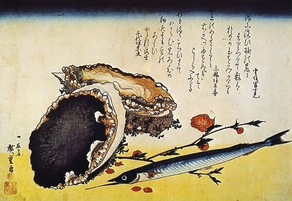 HIROSHIGE: COLOR PRINT. Awabi and Sayori (Oyster and Snipe-fish): Japanese Oban color print, 1832, by Hiroshige