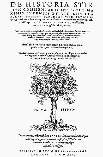 DE HISTORIA STIRPIUM, 1542. Title page of the first edition of Leonhard Fuchs