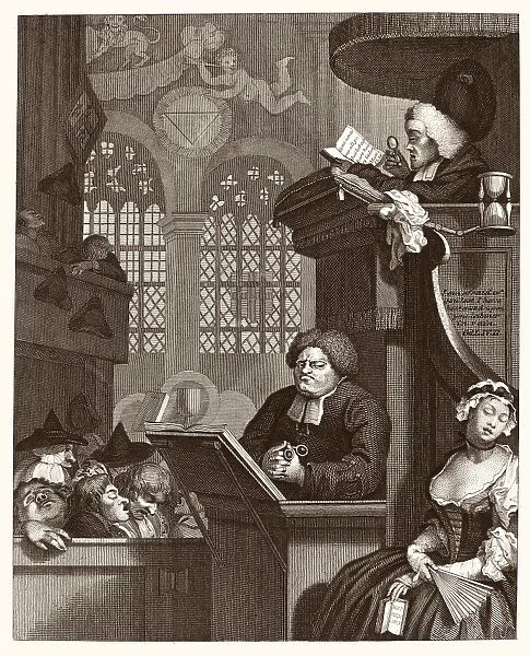 HOGARTH: CHURCH SATIRE. The Sleeping Congregation. Steel engraving, after an 18th-century drawing by William Hogarth