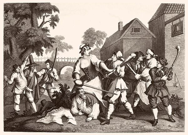 HOGARTH: HUDIBRAS, 1726. The Knight Submits to Trulla. Steel engraving, c1860, after the original engraving of 1726 by William Hogarth