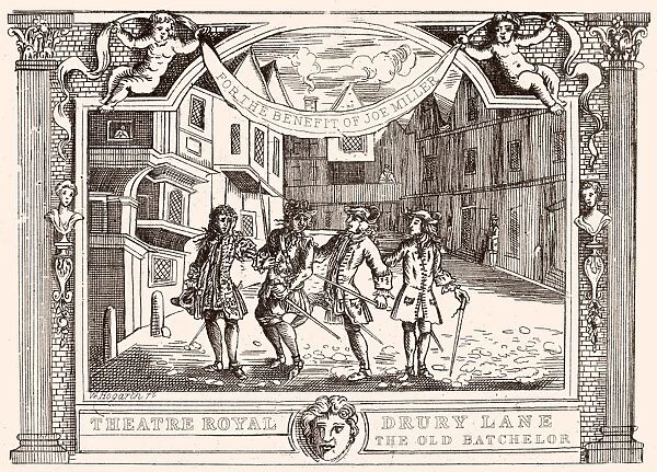 HOGARTH: OLD BACHELOR. Theater ticket, designed and engraved by William Hogarth, to a performance of William Congreves The Old Bachelor for the benefit of the English actor, Joe Miller (1684-1738)