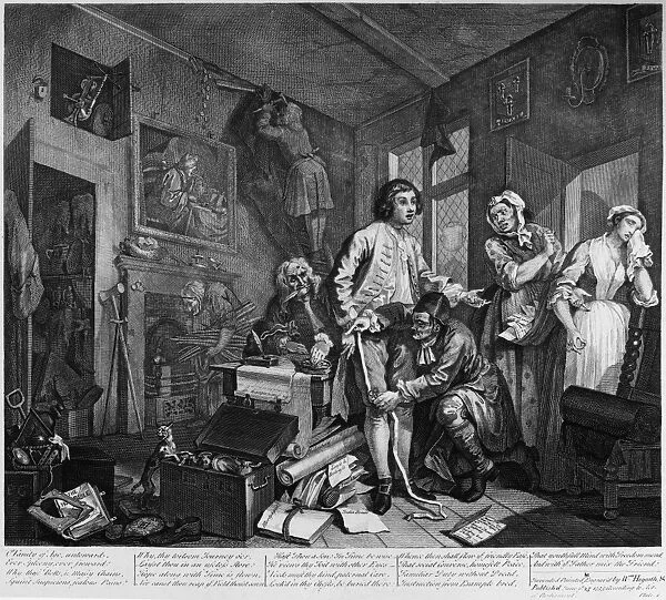 HOGARTH: RAKEs PROGRESS. The Heir. Etching and engraving after a the first painting in the series The Rakes Progress, depicting the decline of the character Tom Rakewell, by William Hogarth, 1735. Rakewell is being measured for new clothes after the death of his father as the servants mourn, he also rejects the hand of his pregnant fiancee at right
