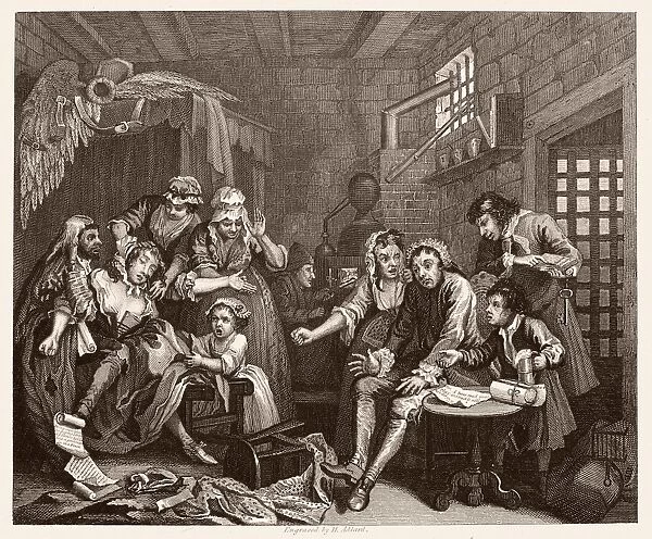 HOGARTH: RAKEs PROGRESS. Prison Scene. Steel engraving, c1840, after William Hogarth