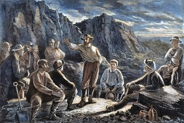 Holding a clandestine meeting during a strike in the Pennsylvania coal fields. Color engraving, 1874