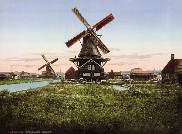 HOLLAND: WINDMILL. Scenic view two windmills in Holland. Photochrome print, c1890-1900