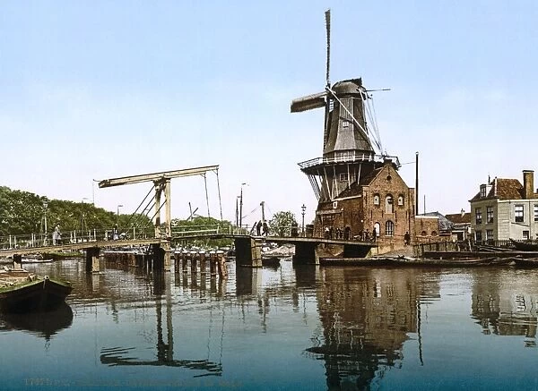 HOLLAND: WINDMILL. View of Catharine Bridge and windmill in Haarlem, Holland. Photochrome print, c1890-1900
