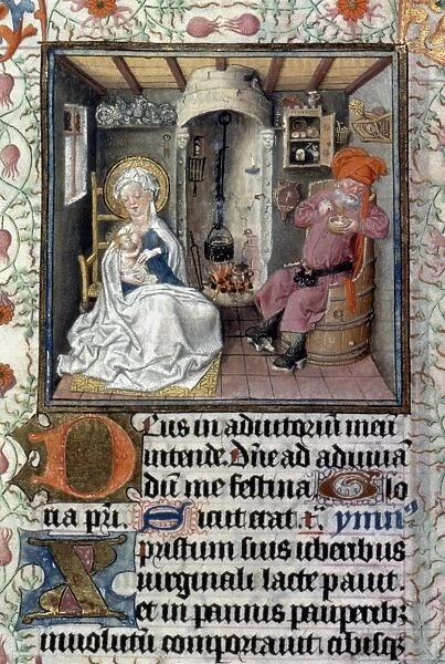 THE HOLY FAMILY. At Dinner. Illumination from Book of Hours of Catherine of Cleves