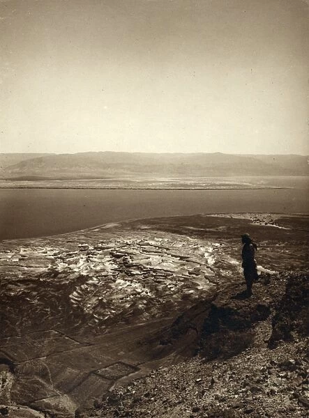 HOLY LAND: DEAD SEA. View of the Dead Sea from Masada cliffs in Palestine. Photograph