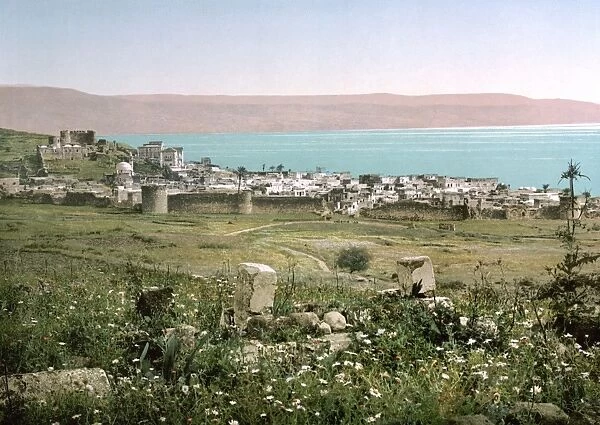 HOLY LAND: TIBERIAS. A panoramic view of the city of Tiberias. Photochrome, c1895